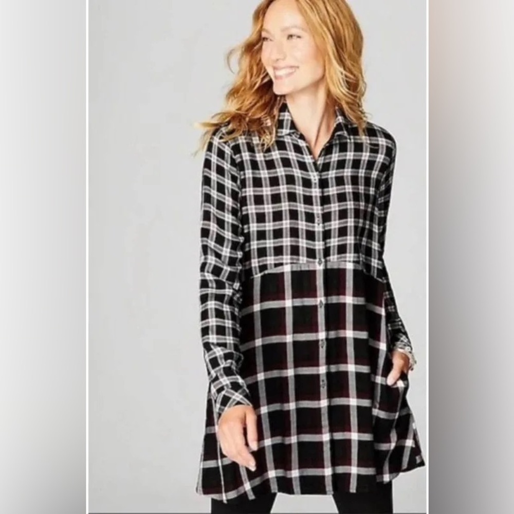 J.Jill Mixed Plaid A-Line Long Sleeve Button Down Tunic Size Medium Petite